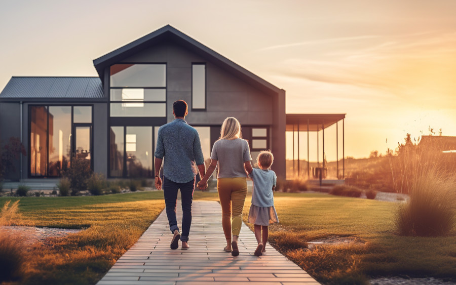 couple avec enfant en train de réceptionner leur villa neuve à Niévroz lors de la livraison finale du programme immobilier neuf en compagnie de l'agence immobilière ULTIMEA spécialisée dans le neuf dans la région du Grand Lyon